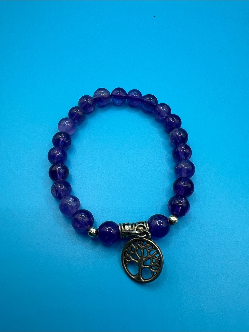 Purple Amethyst Bead Bracelet with Tree of Life Charm